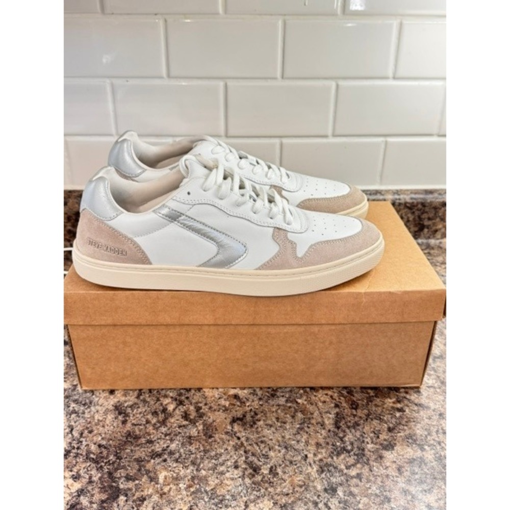 Steve Madden Centre Mens White Silver Suede Leather Sneakers CENT05M1 9.5